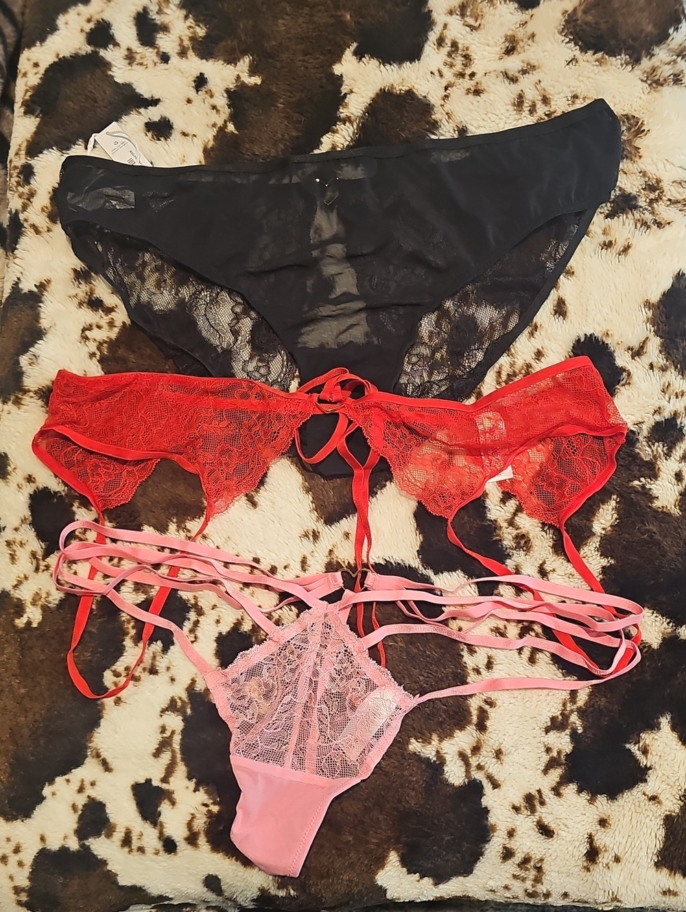Women’s Crotchless Panty Set - Black, Red, Pink